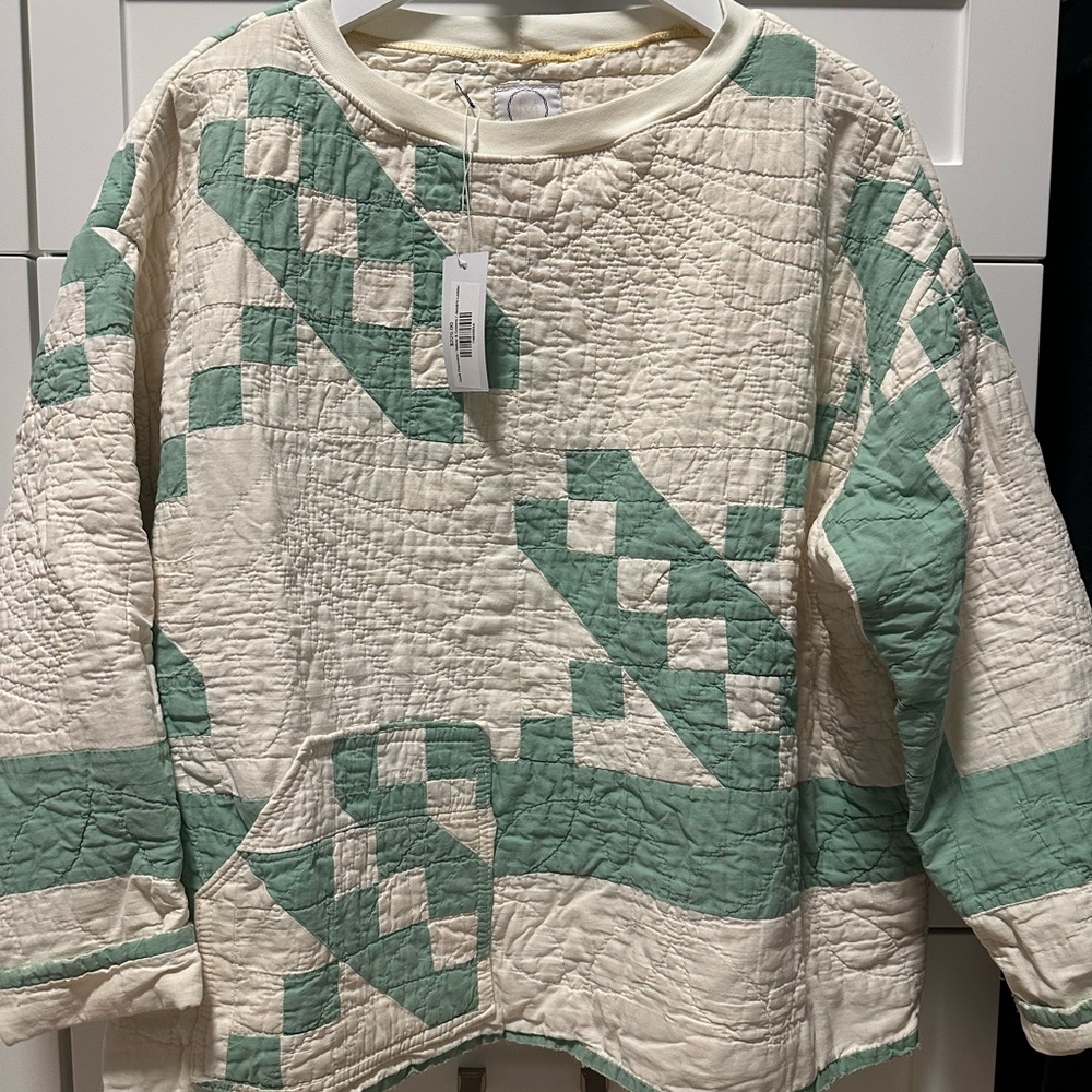 NWT- Handmade Quilted Cream and Green Pullover